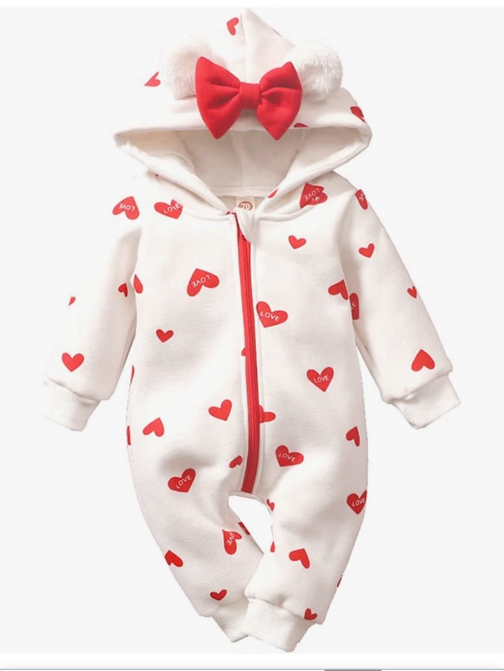 White & Red Heart Hooded Baby One-Piece Bodysuit with Bow